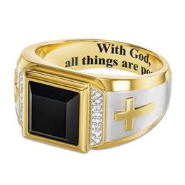 Band Rings Luxury Design Mens Side Cross Two Tone Black Zircon RFashion Male Party Jewelry Man WeddAccessories Boyfriend Love Gift J240429