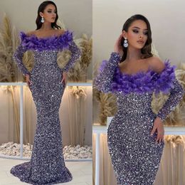 Shoulder Purple Feathers Mermaid Gown Evening Off Sequins Party Prom Dresses Sleeves Sweep Train Formal Long Dress For Red Carpet Special Ocn