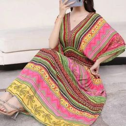 Casual Dresses Summer Poplin Women Round Neck Puff Short Sleeve A Line Print Ethnic Style Tight High Waist Long Dress 2024