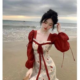 Casual Dresses French Fashion Square Neck Printed Dress For Women's Spring Lace Up Patchwork Contrasting Colour Female Clothing