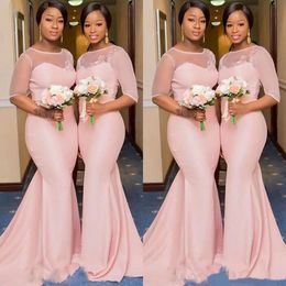 Pink African Mermaid Blush Nigerian Bridesmaid Dresses With Sleeve 2021 Sheer Lace Neck Plus Size Maid Of Honor Wedding Guest Gown