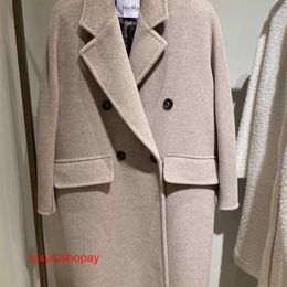 Maxmaras Womens Wrap Coat Camel Hair Coats 23fw New Ethel Pocket Lapel Long Sleeved Plush Medium Length Woollen Jacket for Women Rj25
