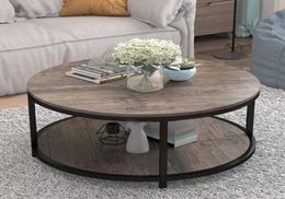 36 inches Round Coffee Table Rustic Wooden Surface Top Sturdy Metal Legs Industrial Sofa Table for Living Room Modern Design Home 2840794