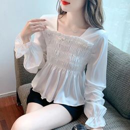 Women's Blouses Chiffon Shirt Summer 2024 Solid Folds Slim Casual Long Sleeves Top Square Neck Ladies Clothing YCMYUNYAN