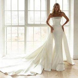 Elegant Simple Satin Mermaid Wedding Dress Bridal Gown With Detachable Train Strapless Backless Vestido De Noiva Robe De Mariee 0430