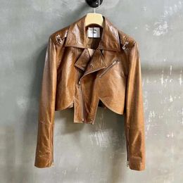 Women's Leather Women Coat Spring 2024 Fashion Short Length Clothes Turn-down Collar Moto & Biker Style Import Real Cow Jacket