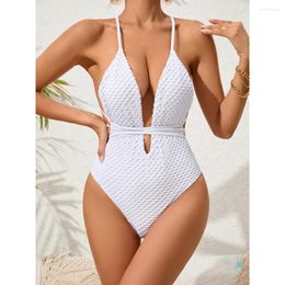 Women's Swimwear Sexy Solid One Piece Swimsuit 2024 Deep V Neck Women Push Up Lace Bandage Backless Brazilian Bathing Suit Monokini