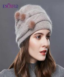 ENJOYFUR women winter cashmere knitted hats natural mink pompom stripe girl bonnet fashion warm female outdoor brand beanies 211125781403