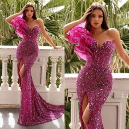 Mermaid Dresses Rosy Pink Sequins Sweetheart Evening Ruffle Shoulder Party Prom Split Formal Long Red Carpet Dress For Special Ocn