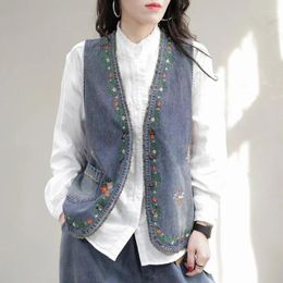 Women's Vests Summer Clothes Women Fashion Loose Vintage Embroidery Denim Vest Lady Casual Floral V Neck Sleeveless Waistcoat Chaquetas
