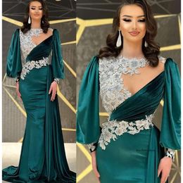 Arabic Aso Ebi Hunter Green Veet Mermaid Prom Dresses 2022 With White Lace Beaded Evening Formal Party Second Reception Wears 0431