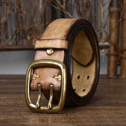 Belts Cowskin Genuine Leather Brass Copper Double Needle Pin Buckle Luxury Thick Retro Leather Belt Men Mens Jeans Belt Military Belt XW