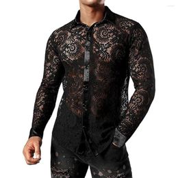 Ethnic Clothing Tops Men Shirt Lace Lightweight Long Sleeve Night Club Party Perspective Regular See Through Solid Color Comfy
