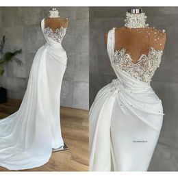 Fantastisk 2021 Arabiska aso ebi sjöjungfru aftonklänningar lyxiga pärlor Täckade hög hals illusion topp prom party klänningar spetsapplikationer peplum ruched vestidos de 0431