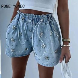 Women's Jeans 2024 Women Casual Rhinestone Decor Elastic Waist Drawstring Button Pocket Denim Shorts