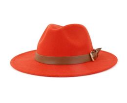 Fashion Men Women Wide Brim Wool Felt Hat Formal Party Jazz Trilby Fedora Hat with Belt Buckle Yellow Orange Rosy Panama Cap9415815