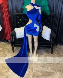 Royal Blue Veet Short Prom Birthday Party Dresses 2022 Sexy One Shoulder Mini Tail Homecoming Evening Gowns Robe De Bal 0431