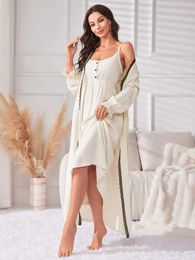 Women's Sleepwear Women Nightgown Set Solid Slveless Front Button Dress Lace Trim Ruffle Long Slves Waist Belt Robe Female Spring Slpwear Y240426