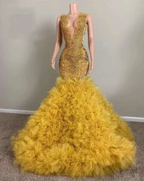 Yellow O Neck Long Prom Dress For Black Girls 2024 Beaded Birthday Party Dresses Crystal Evening Gowns Ruffles Robe De Bal 0431