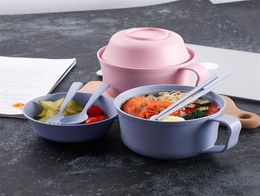 1PcsSet Instant dles Bowl with Lid Handle Dinnerware Wheat Straw Japanese Style Soup Ramen Microwaveable Set 2204185339903