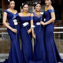 African Royal Blue 4 Styles Mermaid Bridesmaid Dresses Off Shoulder Satin Maid of Honor Gowns Golvlängd Bröllop Gästklänning Vestidos 0430