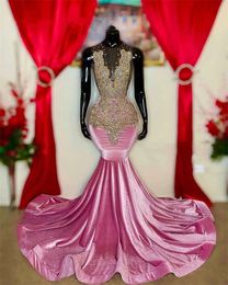 Pink Veet Sheer O Neck Long Prom Dress for Black Girls Beaded Crystal Birthday Party Gowns Elegant Mermaid Evening Gown Robe 0431