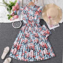 Girl Dresses 2024 Blue Print -Sleeve Pleated Dress Floral Holiday Comfortable Daily Casual Vacation Pastoral Style