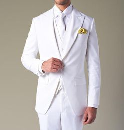 White Wedding Groom Tuxedos with Peaked Lapel Three Piece Custom Made Evening Party Men Suits Set Jacket Pants Vest7421505