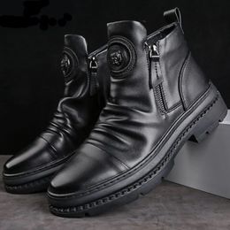 Mens Motorcycle Leather Boots British Style Round Head High Top Shoes Side Zip Walking Casual Platform Bota Masculina 240429