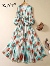 Casual Dresses ZJYT Runway Autumn Long Maxi Party For Women 2024 Elegant Lantern Sleeve Print Vestido Fiesta Feminino Holiday Robe