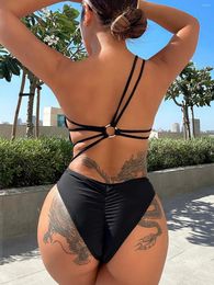 Women's Swimwear One Piece Swimsuit Sexy Black Women Asymmetric Shoulder Female Tummy Cut Out Back Cross String Bather Bathing Suit