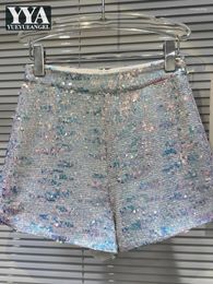 Women's Shorts 2024 Summer Shiny Sequined Women High Waist Fashion Design Runway Ladies Zipper Casual Mini Straight Trousers
