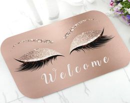 Trendy Rose Gold Glitter EyeLash Lashes Welcome Door Mat Sparkly Makeup Rubber Doormat Rug Carpet Chic Home Beauty Studio Decor Y26414874