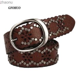 Belts Jeans Heavy Metal Rivet Belts For Women Genuine Leather Hollow Out Cowskin Belt Punk Rock Female Strap Ceinture Homme XW