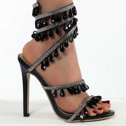 Dress Shoes Fashion Rhinestone Crystal Sandals Women 2024 Summer Elegant String Bead Banquet High Heels Sexy Open Toe Wrap Strap Pumps H240430