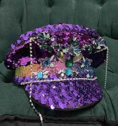 Berets Handmade Women Sequin Burning Military Hat Captain Sergeant Luxury Yacht Week Rhinestone Rave Festival Bachelorette Part Ha7500584