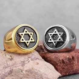 Band Rings Jewish Hexagonal David Star Stainless Steel Mens Ring Punk Hip Hop Mens Bicycle Jewelry Creative Gift Wholesale J240429