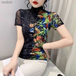 Women's T-Shirt S-3XL printed mesh T-shirt womens short sleeved turtle neck T-shirt womens basic high elasticity top teeWX