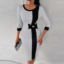 Casual Dresses Vintage Polka Dot Print Midi Dress Autumn Office Fashion O-neck 3/4 Sleeve Party 2024 Spring Women Elegant Hip Wrap