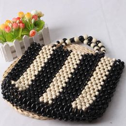 Drawstring Vintage Ins Black White Striped Handmade Beaded Handbag Customization Simple Casual Wooden Bead Woven Handheld Women's Bag