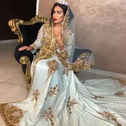 Beaded Moroccan Kanftan Evening Dresses Plus Size Gold Lace Appliques Long Sleeves Formal Prom Party Gowns Robe De Soiree 2021 0431