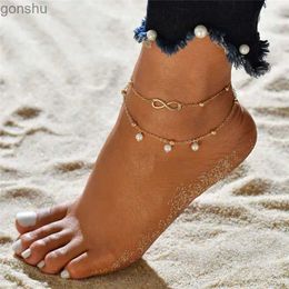 Anklets Bohemian مزدوج الكاحل النسائي لؤلؤة سلسلة القلادة سلسلة الكاحل 8 على شكل شاطئ الكاحل System WX