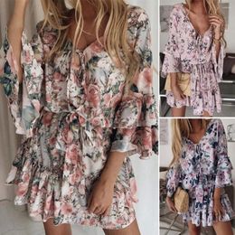 Casual Dresses Women Floral Print Ruffles Bowknot Chiffon Lady Dress Flare Sleeves V Neck Lace-up Pleated Female For Shopping