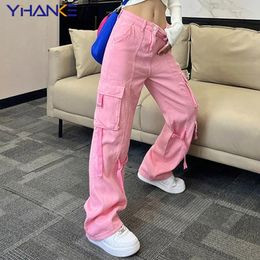 Women's Jeans Oversized Cargo Pants Sweatpants Lace Up Ribbon Low Rise Chic Pink Capris Casual Streetwear Womens Baggy Y2k