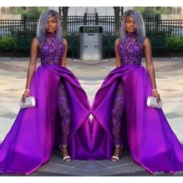 Jumpsuits Prom With Purple Dresses Detachable Train High Neck Lace Appliqued Bead Evening African Party Gowns Plus Size
