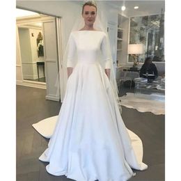 Bohémien A Country Line Western Wedding Dresses Vintage Sexy Jewel Neck Satin 3/4 Maniche lunghe abiti da sposa DE Mariee Sweep Train Button