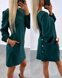 Casual Dresses Women 2024 Fashion O-neck Pocket Design Back Button Long Sleeve Elegant Party Night A Line Mini Work Dress