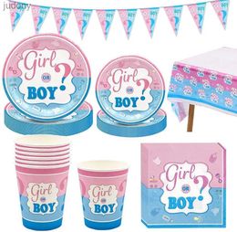 Disposable Plastic Tableware Pink blue boy or girl gender shower baby shower party disposable tableware set paper tray paper cup balloon decoration article WX