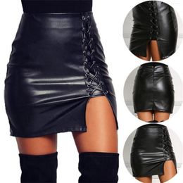 Skirts 2024 Sexy Girls Above Knee Black PU Leather Mini Spring Women High Waist Bodycon Front Split Elegant Short Skirt