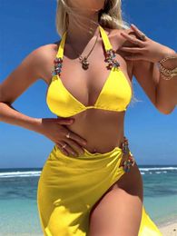 Women's Swimwear Luxury Rhinestone Bikini Set Women Yellow Diamond Push Up Mesh Skirt 3 Piece Swimsuit 2024 Summer Bathing Suit Cover Up Swimwear Y240429